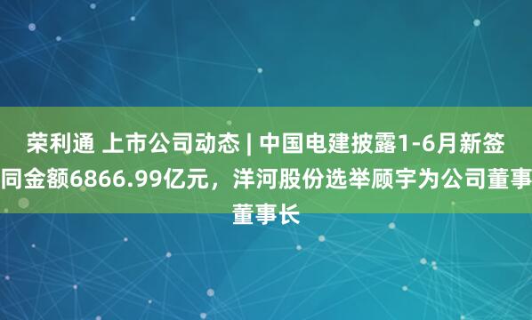 荣利通 上市公司动态 | 中国电建披露1-6月新签合同金额6866.99亿元，洋河股份选举顾宇为公司董事长
